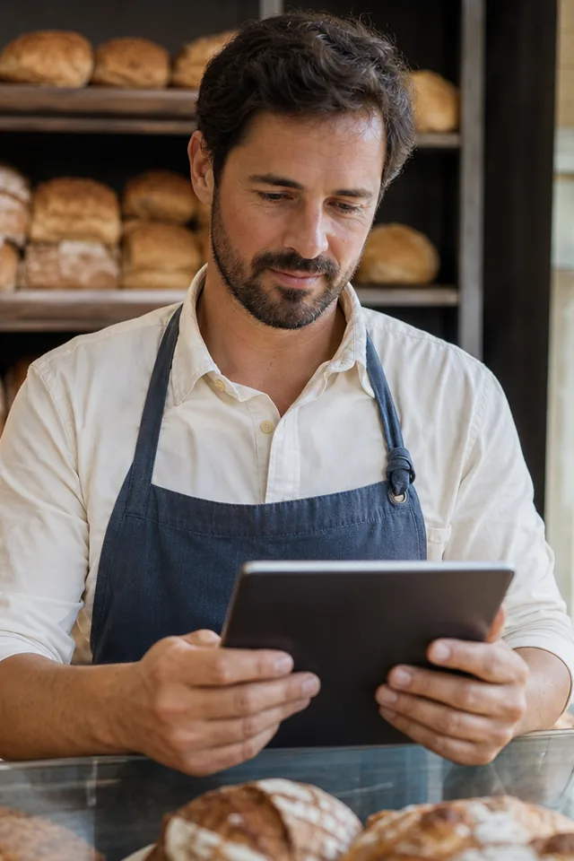 Local bakery owner checking the shop website on a tablet