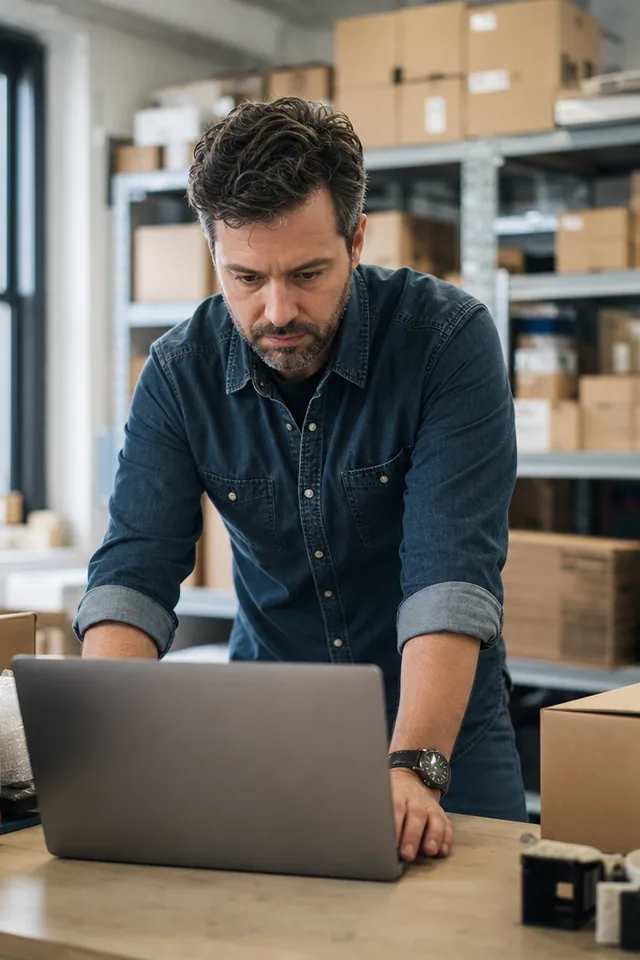 Online store owner checking the shop dashboard in a stockroom